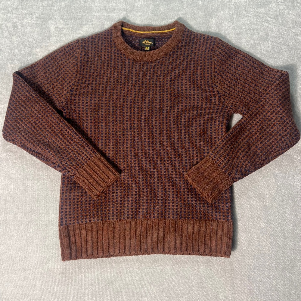 LL Bean Signature Womens XS Wool Birdseye Crewneck Sweater Brown Navy 526480